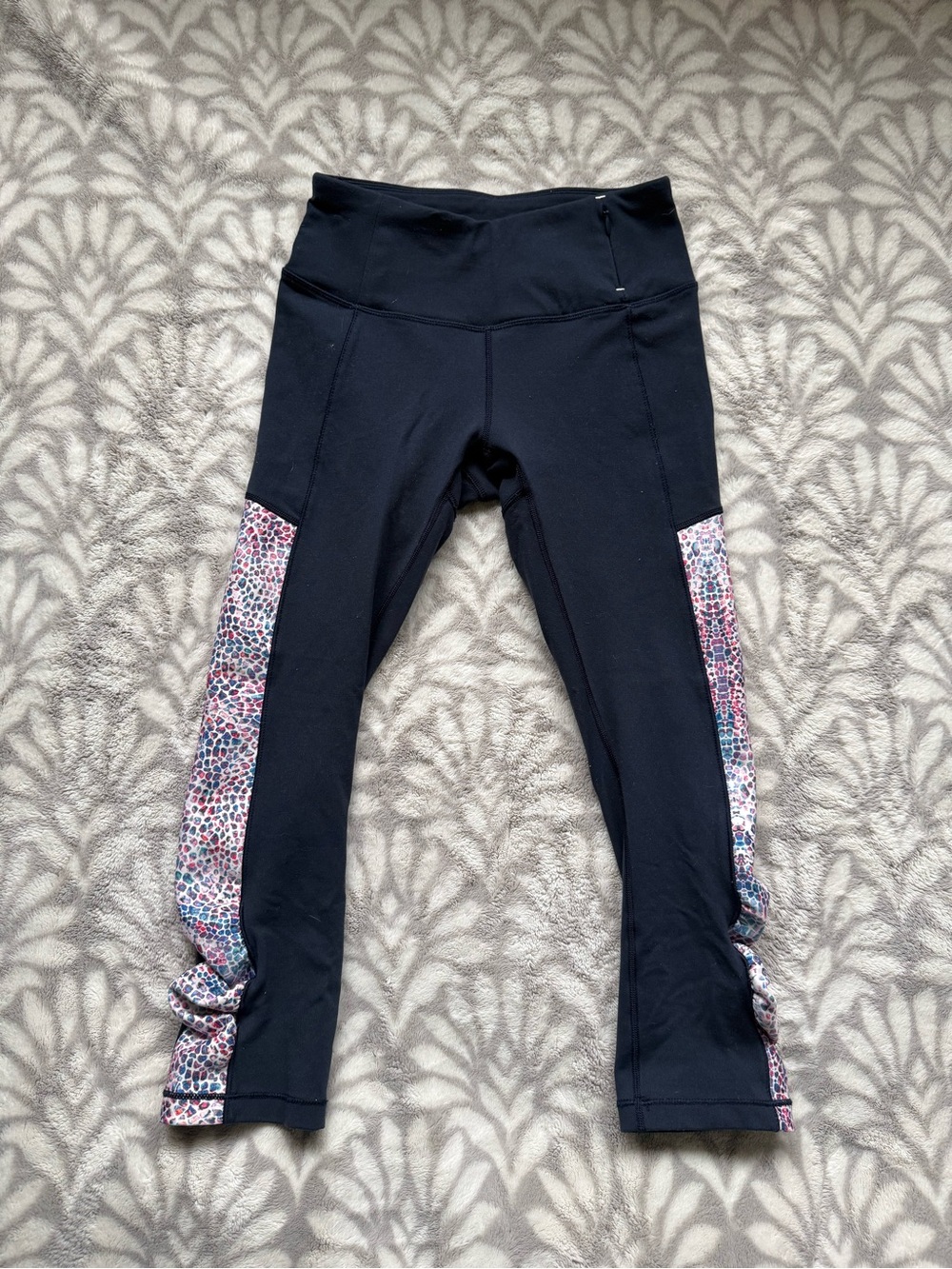 CALIA Navy women’s crop Leggings with Pink Floral Side Panels